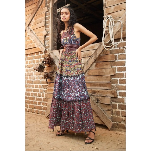 Bhanuni By Jyoti Size 0 Anthropologie Marala Floral Tiered Belted Maxi Dress - Picture 9 of 9